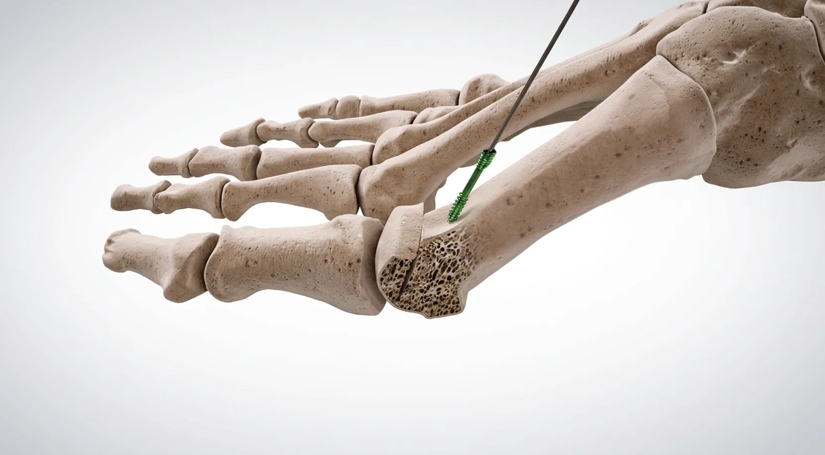 Rendu 3D d'une correction chirurgicale du hallux valgus, vis de fixation en place