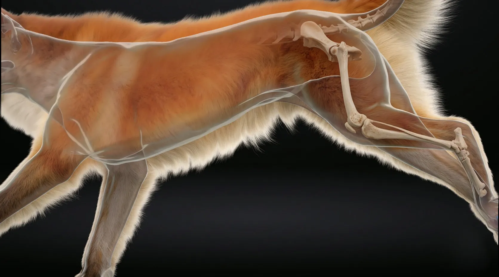 Illustration 3D vétérinaire d'un chien en course avec transparence anatomique